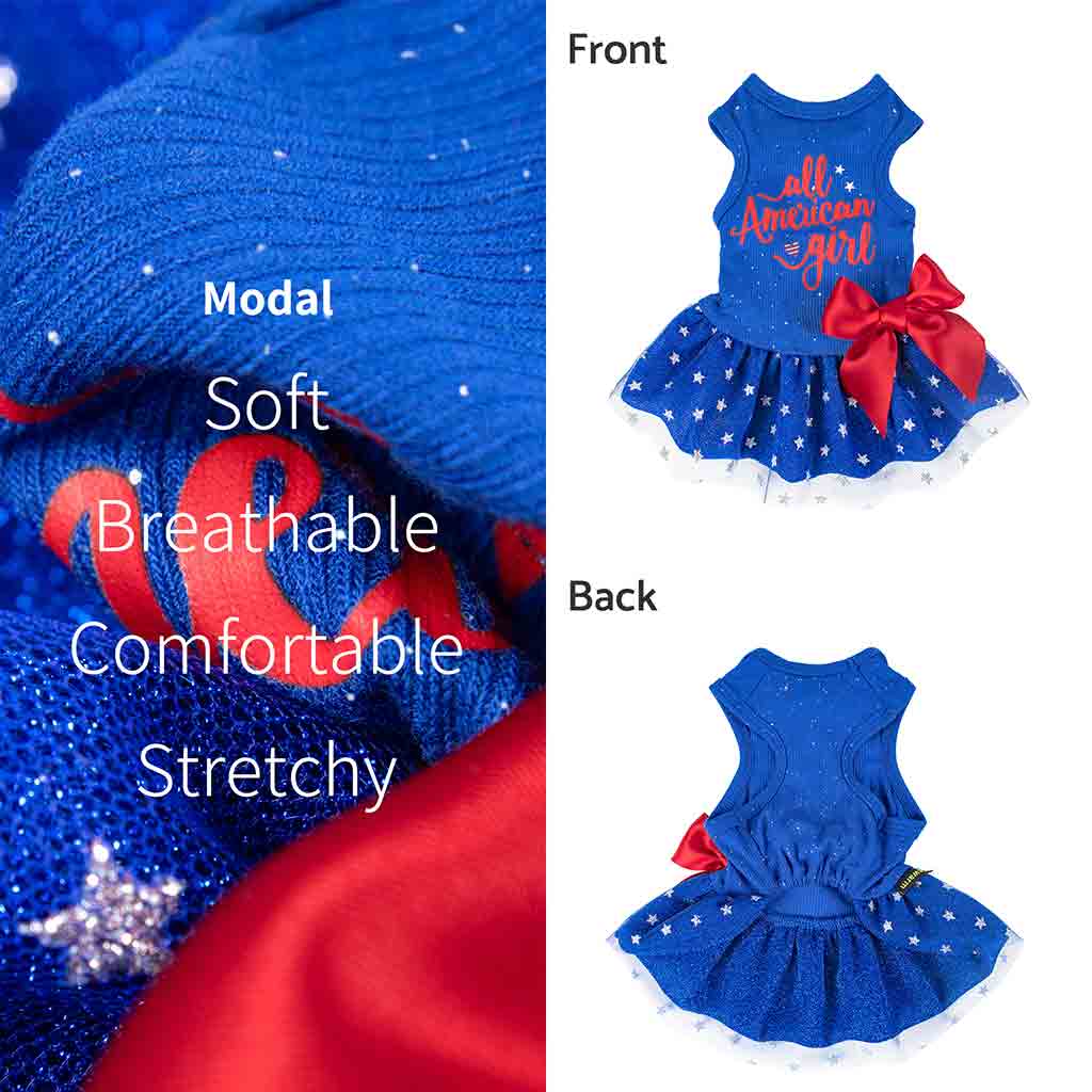 Blue Dog Dress with All American Girl Lettering - Fitwarm Dog Clothes