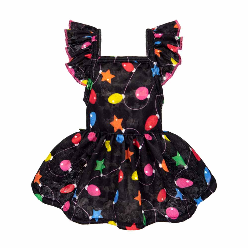 Black Christmas Light Ruffle Dog Dress | Festive Pet Apparel Black / Small Black Christmas Light Ruffle Dog Dress | Festive Pet Apparel Black / Small