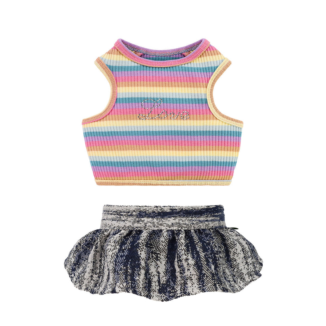 "LOVE" Pink Striped Crop Top and Denim Skirt Dog Dress Set - Fitwarm