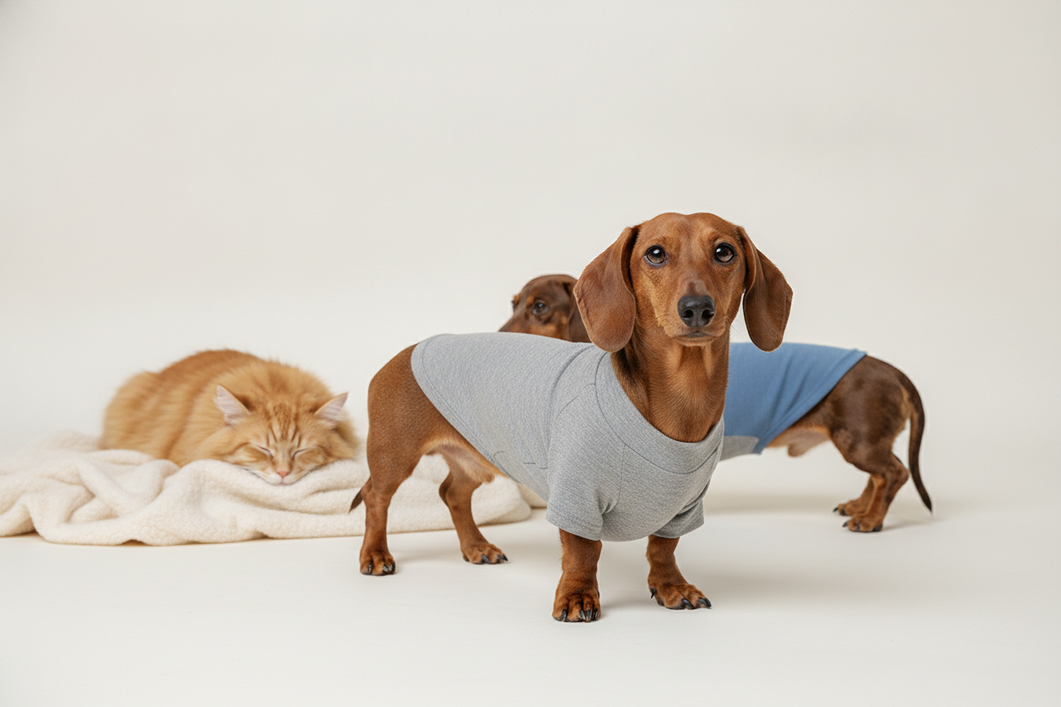 A dachshund wearing a well-proportioned dog sweater with visible room for the chest and a longer back length, shown on a simple neutral background.
