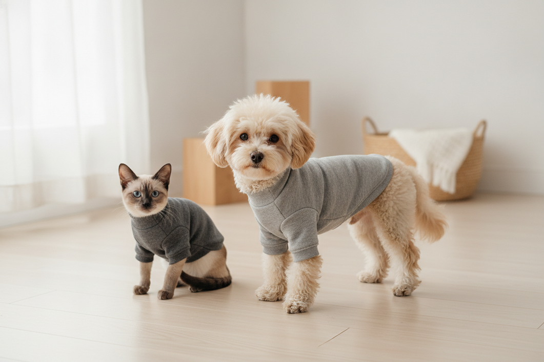 Small dog wearing a fitted sweater with clear chest and back coverage