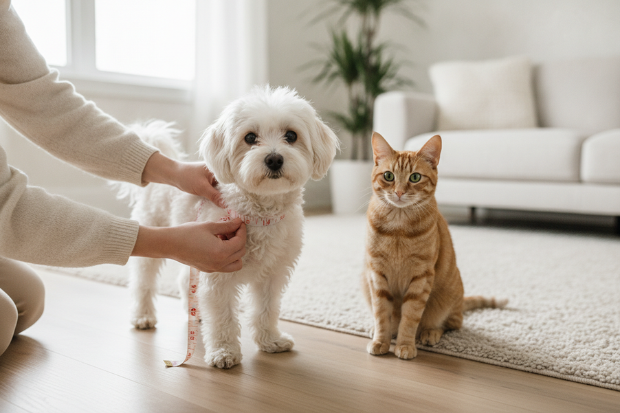 Dog standing while a person measures chest girth with a soft tape measure