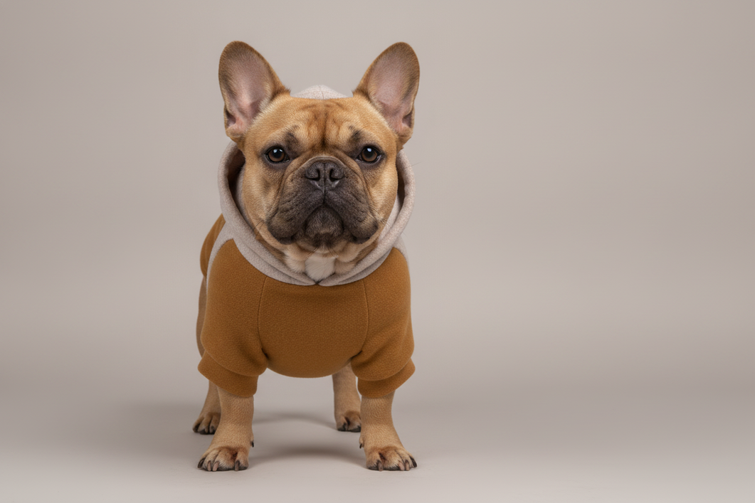 French Bulldog wearing a fitted hoodie on a neutral background