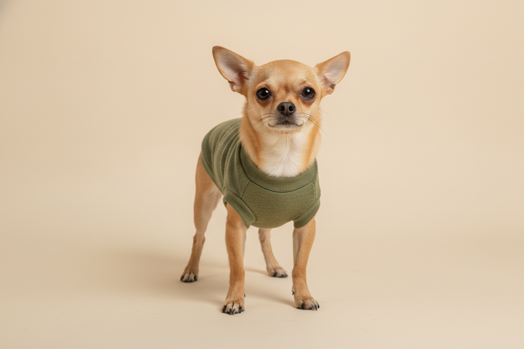 Tiny Chihuahua wearing a lightweight fitted sweater indoors