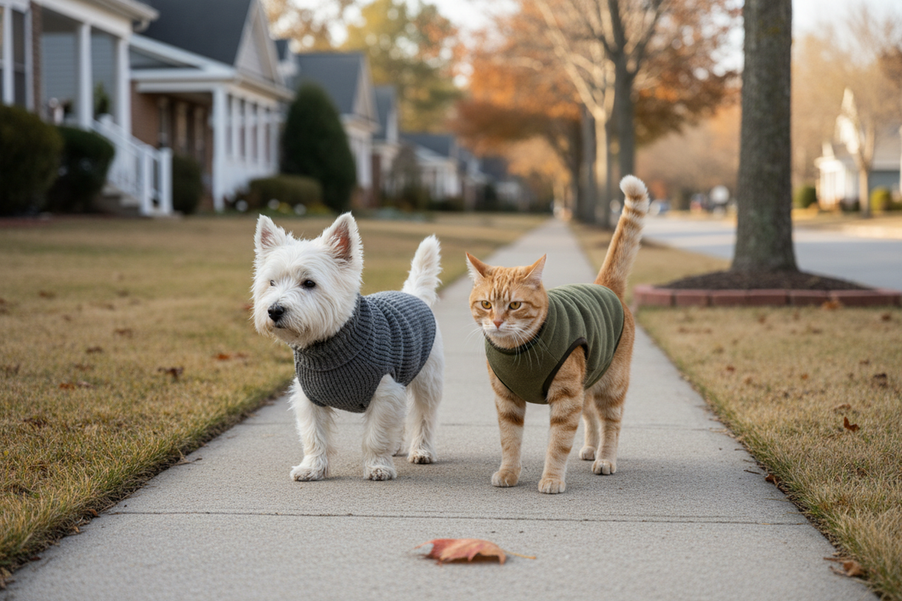 Small dog wearing a cozy winter layer on a cool outdoor walk
