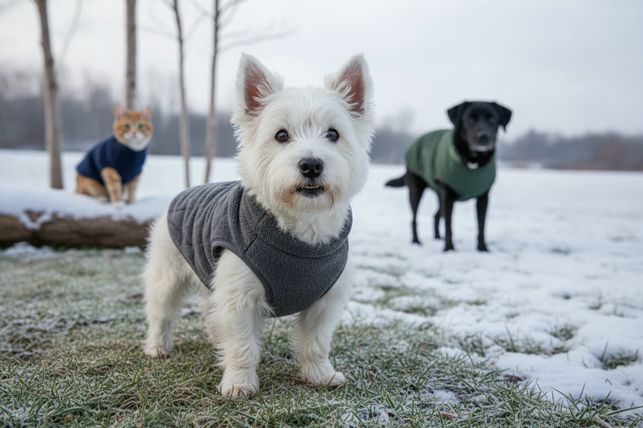 Small dog wearing a light winter layer outdoors on a cold day