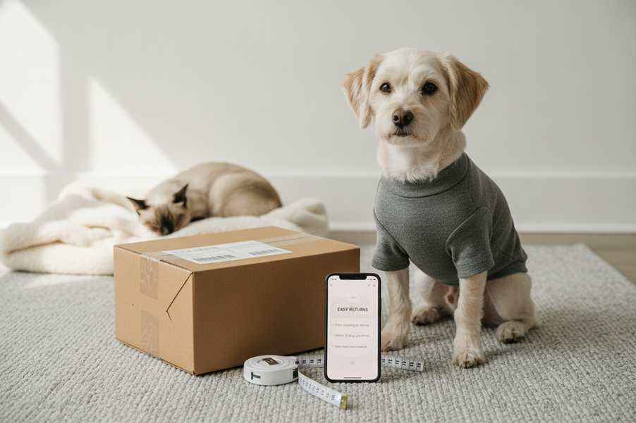 Small dog wearing a fitted pet shirt next to a folded return package on a clean table