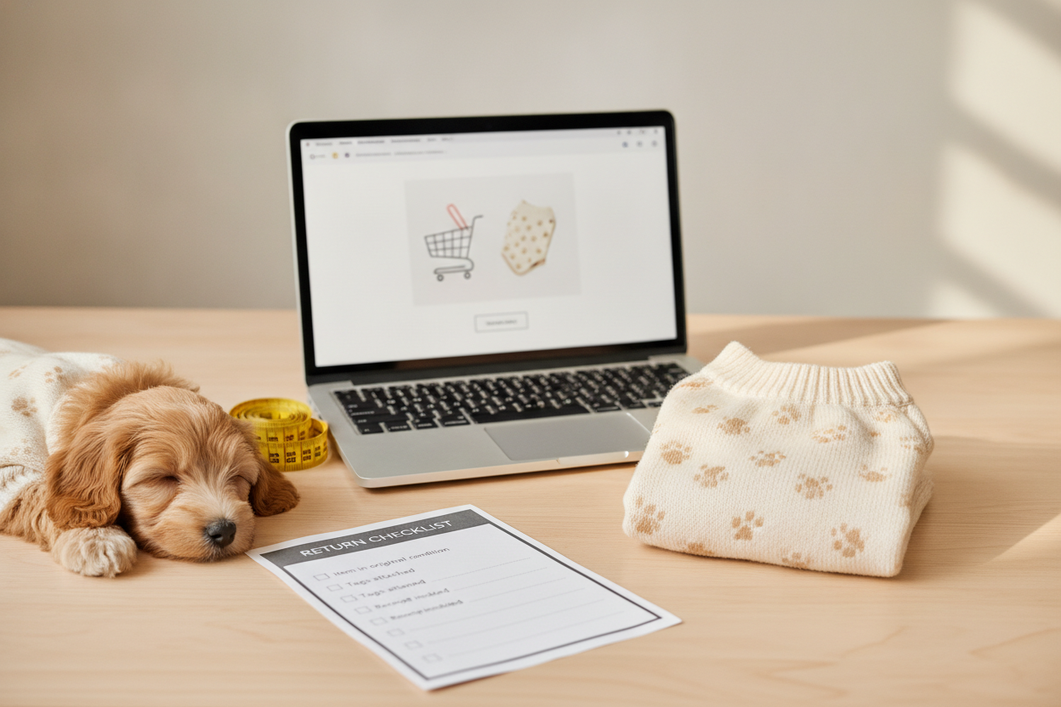 Dog clothes return policy checklist beside a laptop shopping cart and measuring tape