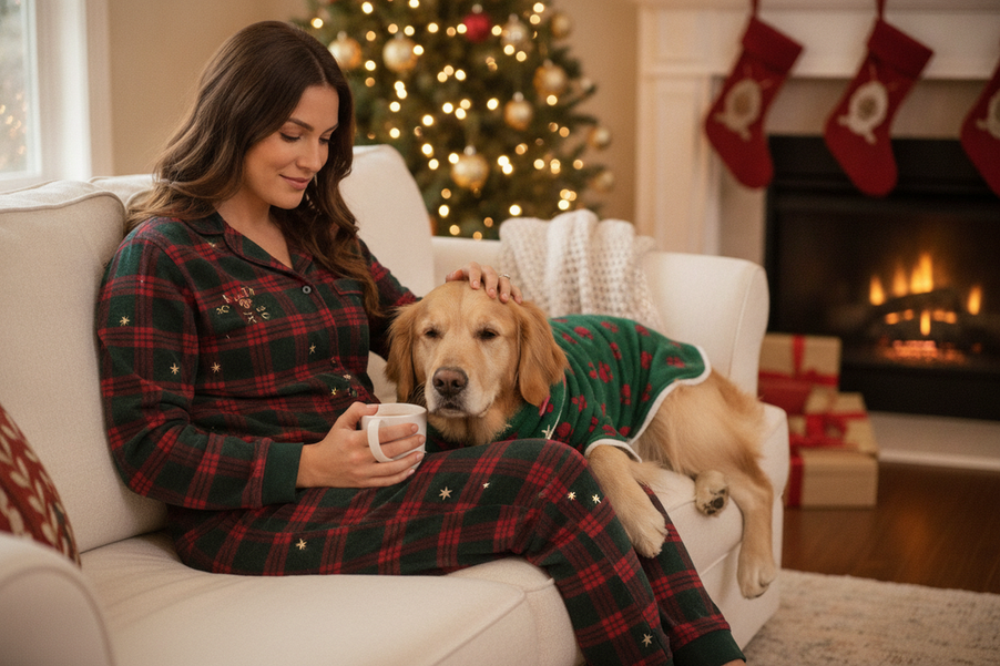 Dog and owner wearing coordinated holiday pajamas for a festive photo