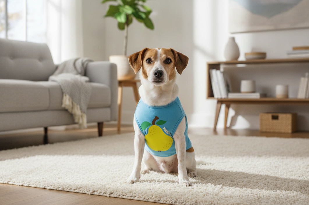 Small dog wearing a simple outfit indoors