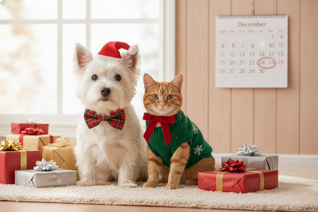 Small dog wearing a festive holiday outfit beside wrapped gifts and a calendar