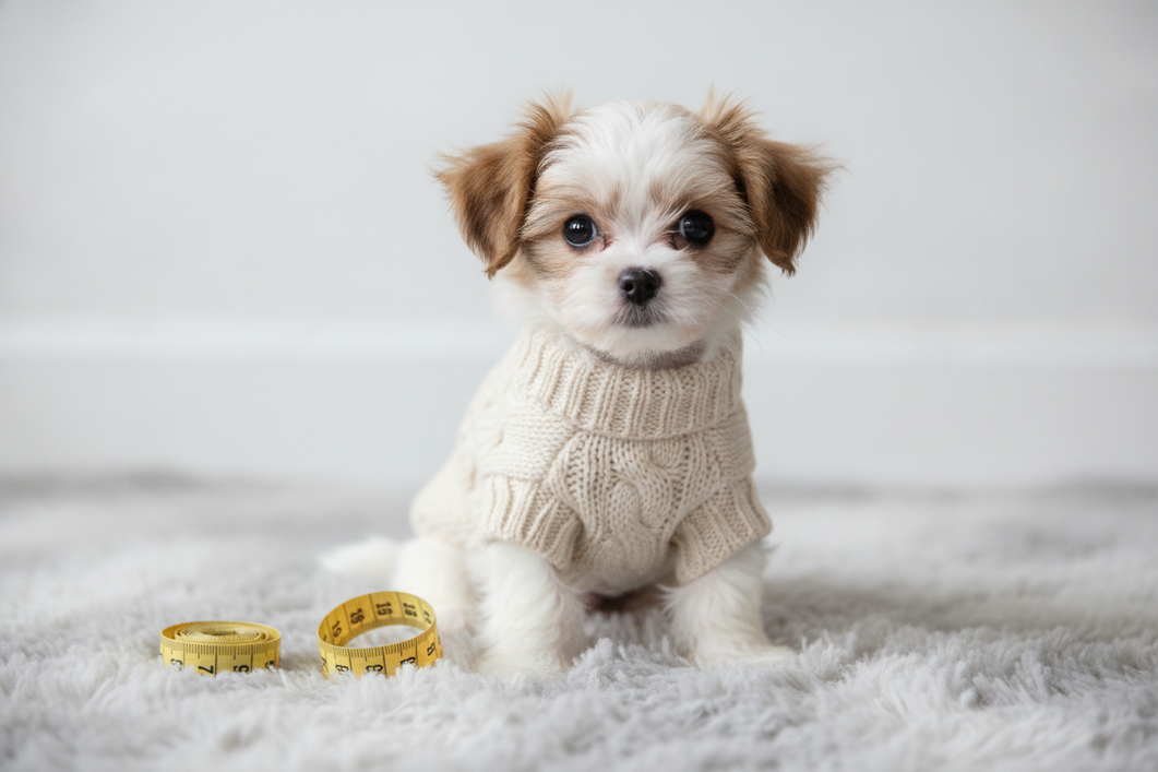 Small dog in a cozy sweater with a measuring tape nearby