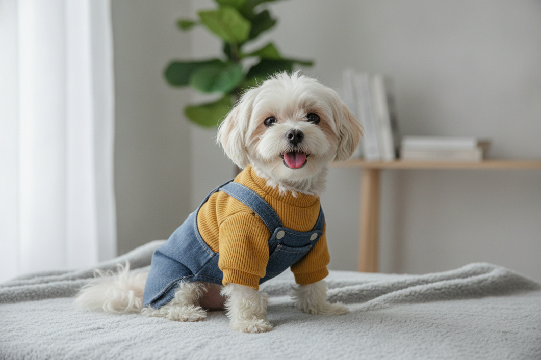 Dog wearing a photogenic outfit with clean colors and simple lines