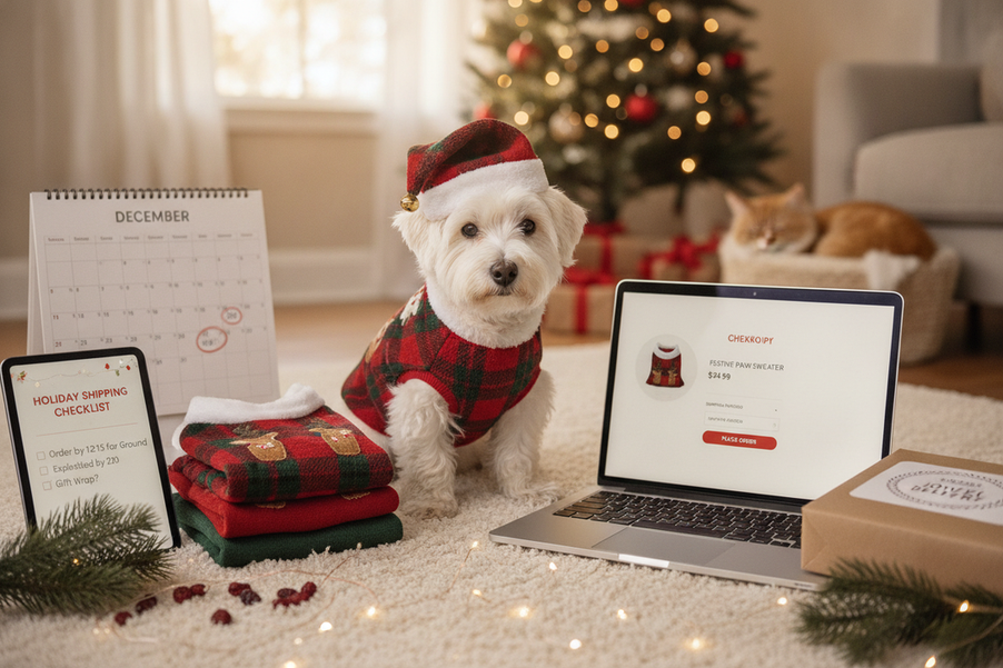Festive dog outfit beside a holiday shipping checklist on a desk
