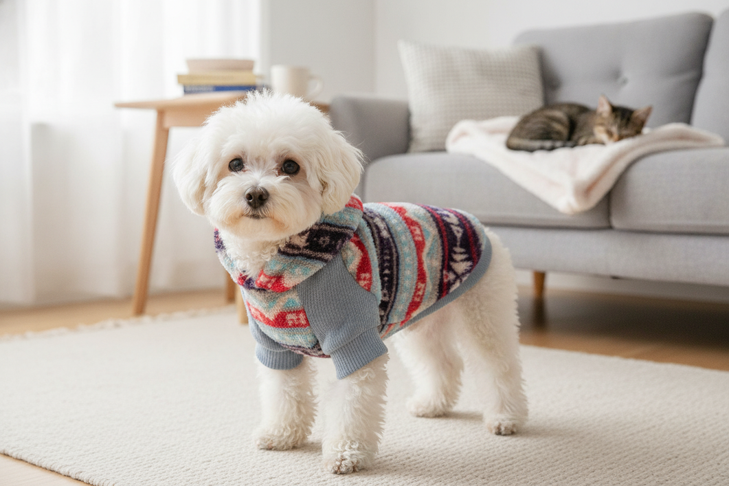 Small dog standing calmly in a soft sweater indoors
