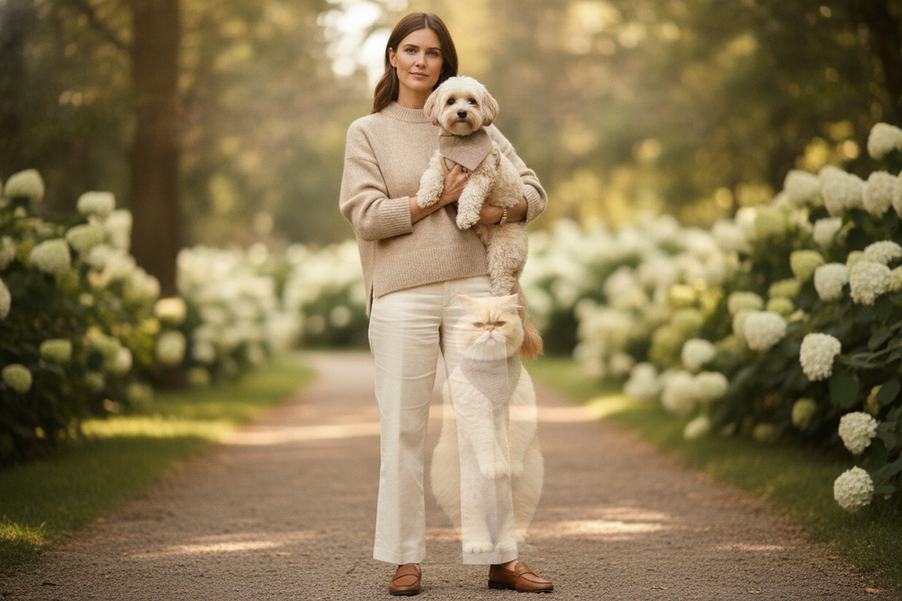 Dog and owner wearing coordinated neutral outfits outdoors