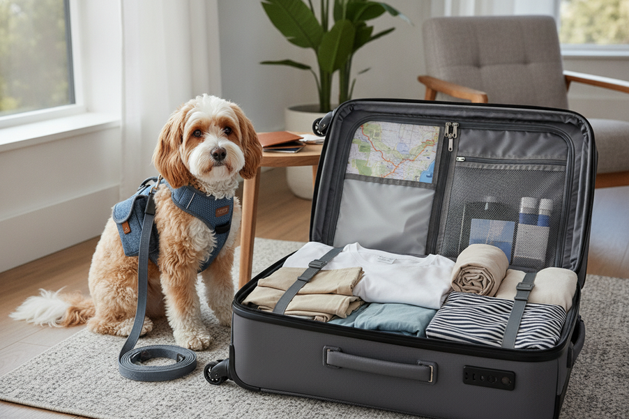 Small dog wearing a simple travel outfit beside a suitcase