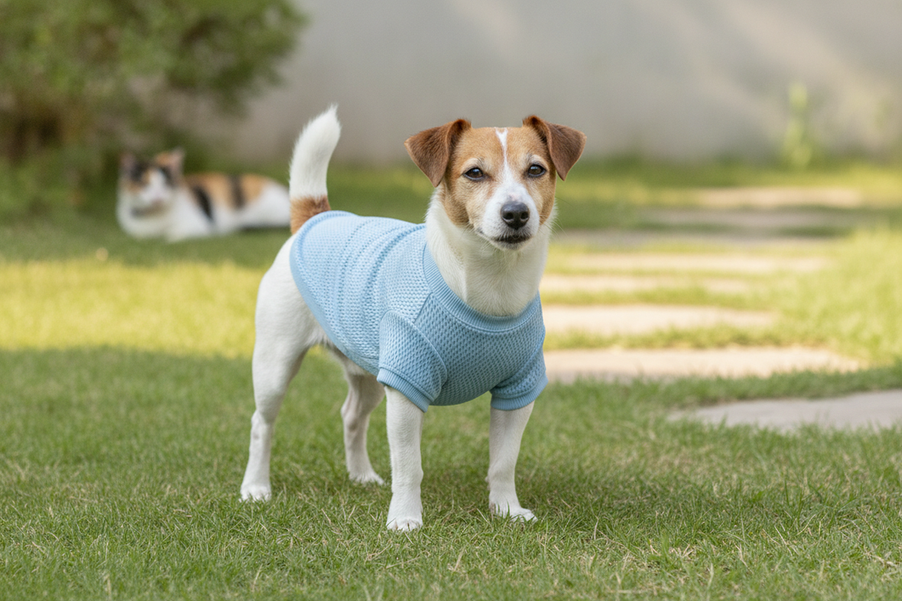 Small short-haired dog wearing a lightweight summer shirt outdoors in bright sun