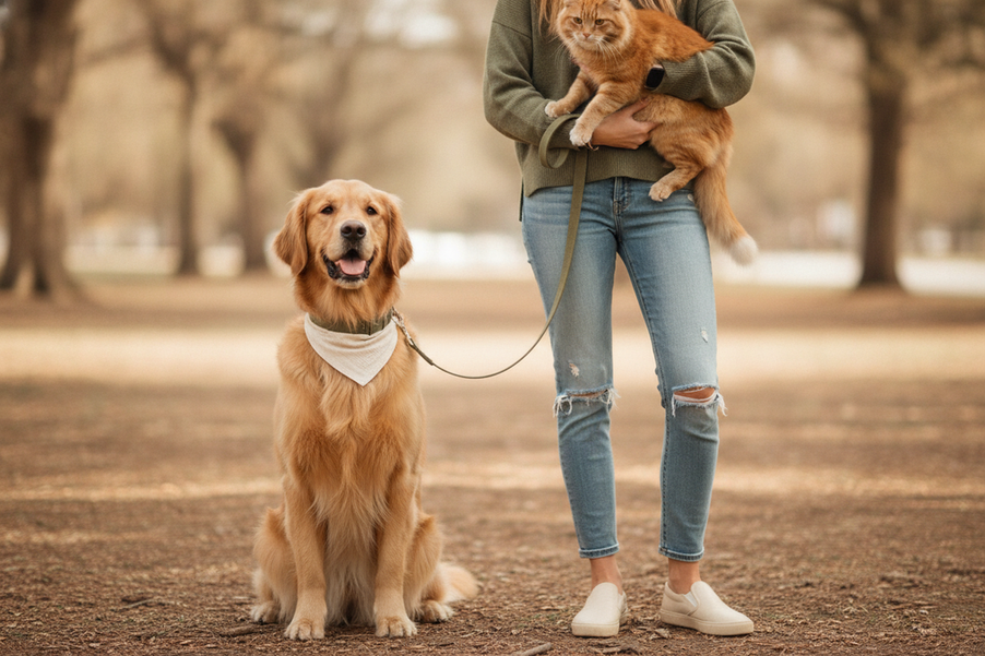 A coordinated dog-and-owner outfit styled for everyday wear without looking costumey.