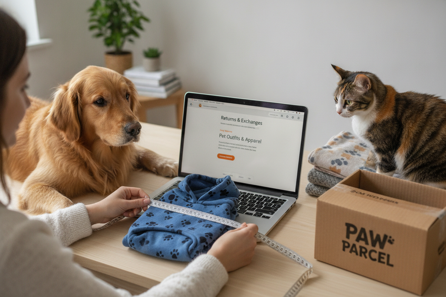 Dog clothes return policy page on a laptop beside a measuring tape and folded pet outfit
