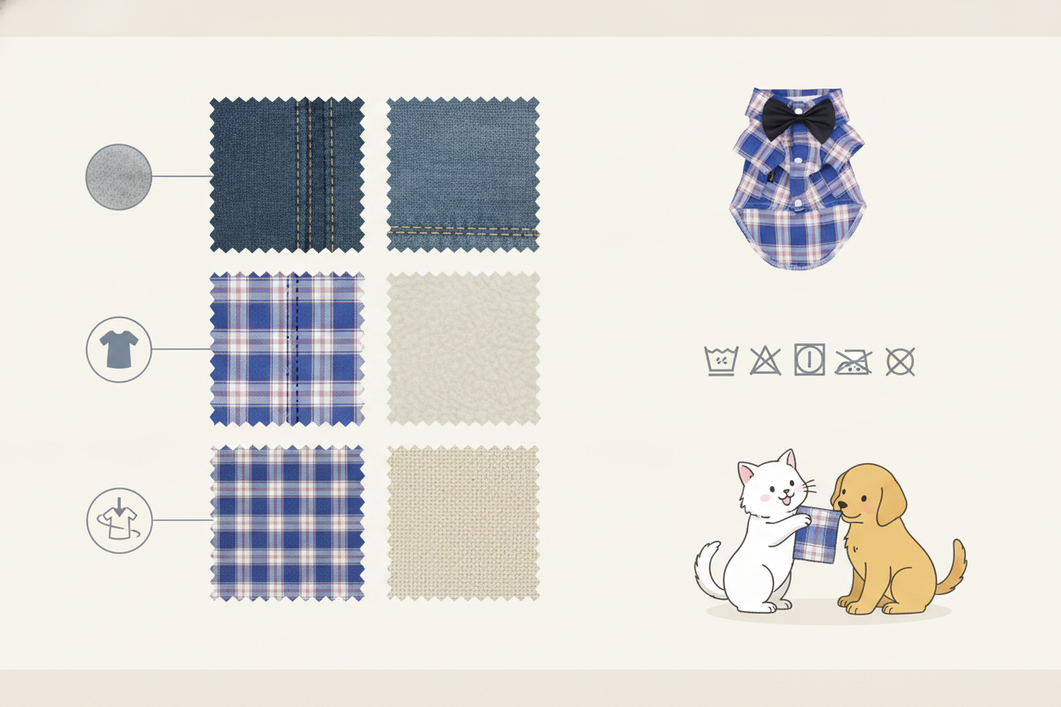 Illustration of durable dog clothing materials and stress-tested seams laid out for comparison.