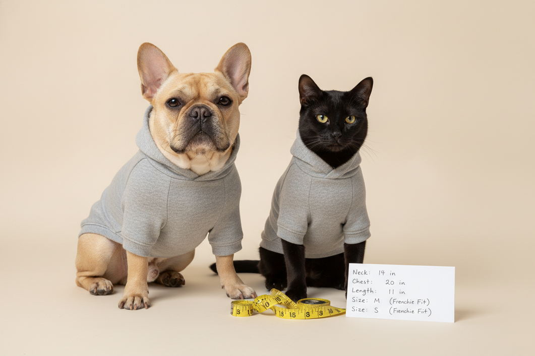 French bulldog wearing a fitted dog hoodie beside size chart notes