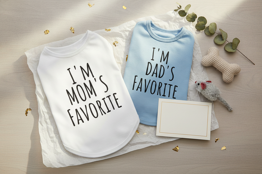 Dog clothes gift ideas laid out with a note card and tissue paper