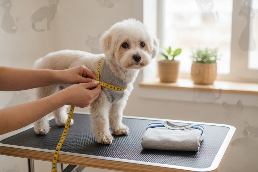Small dog being measured for clothing fit with a soft shirt nearby