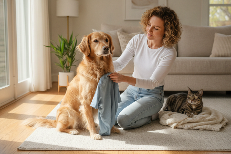 Dog owner gently trying a simple shirt on a calm dog at home