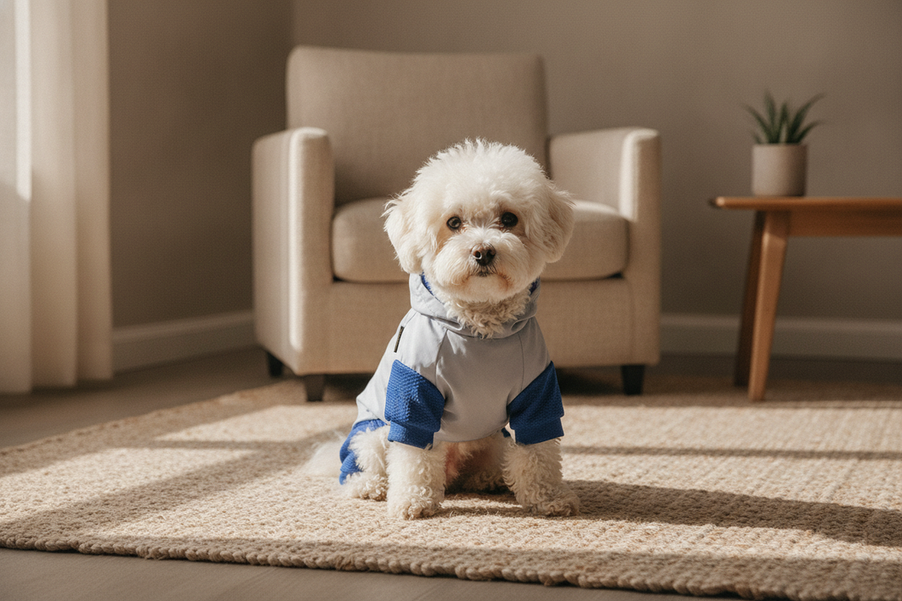 Small dog wearing eco-friendly clothes in a premium editorial setting