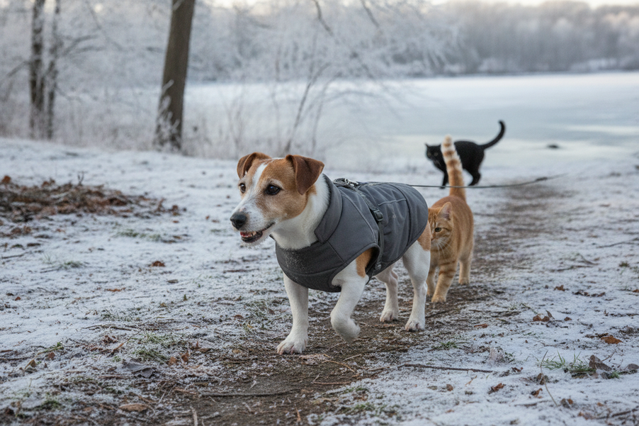 Small dog wearing a low-bulk winter layer outdoors in cold weather