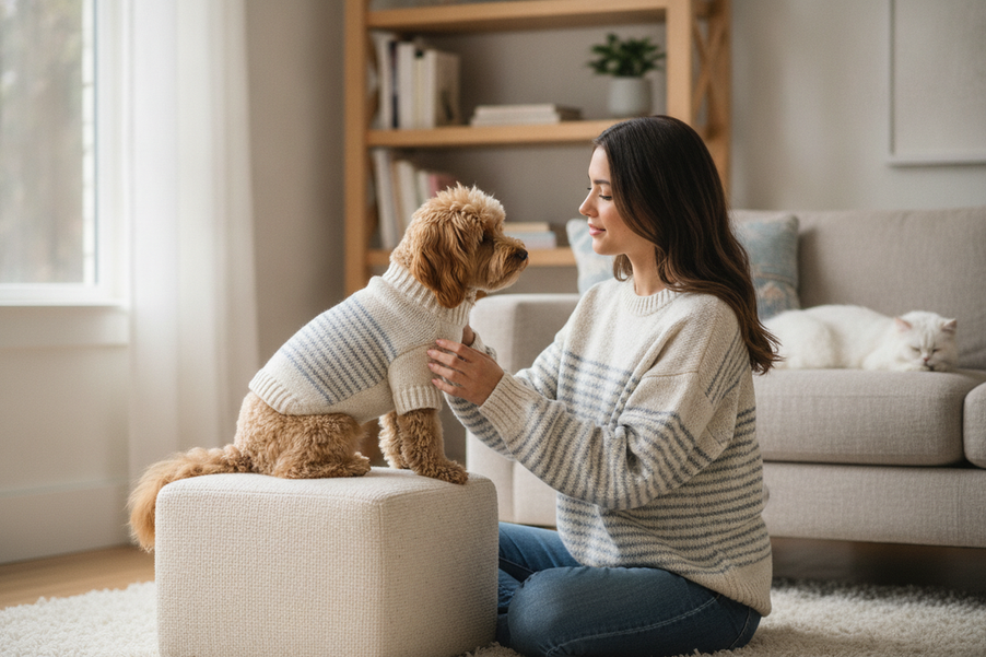 Matching dog and owner outfits with balanced proportions