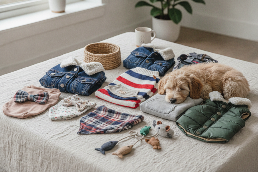Stylish dog clothes arranged as a gift guide hero image