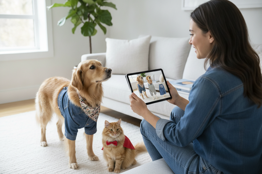 Dog owner using a virtual fitting tool to preview pet clothing on a tablet