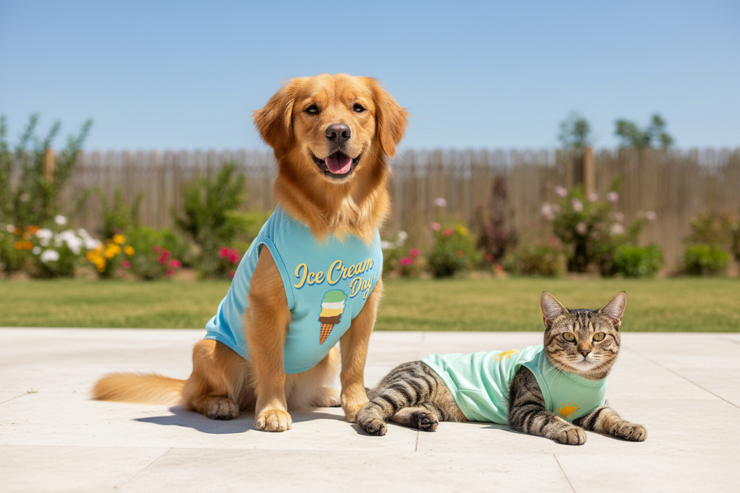 Small dog wearing a lightweight summer shirt outdoors on a bright day