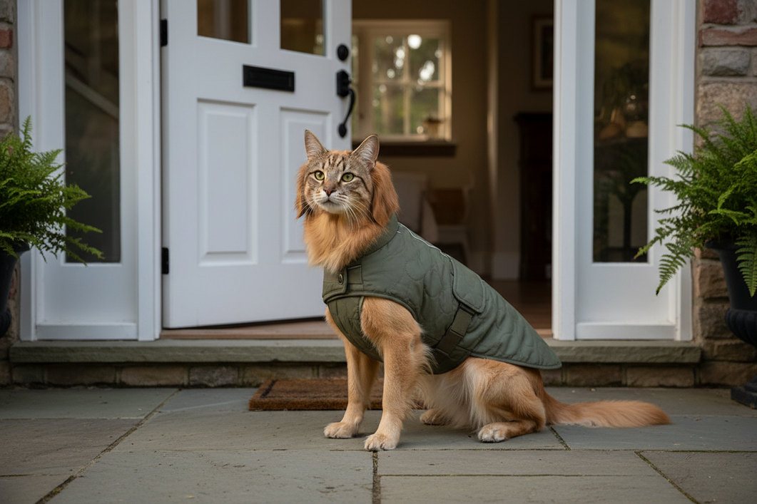 Dog wearing a coat in a simple outdoor setting