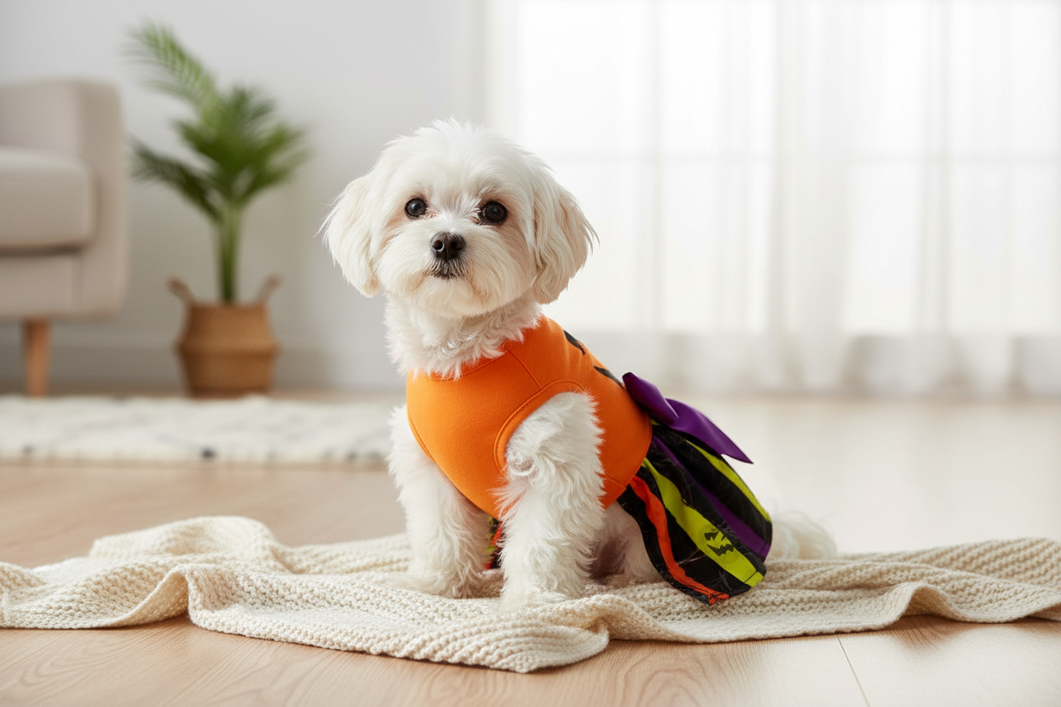 A small dog wearing a photo-ready outfit in a bright home setting, styled for a relaxed social photo
