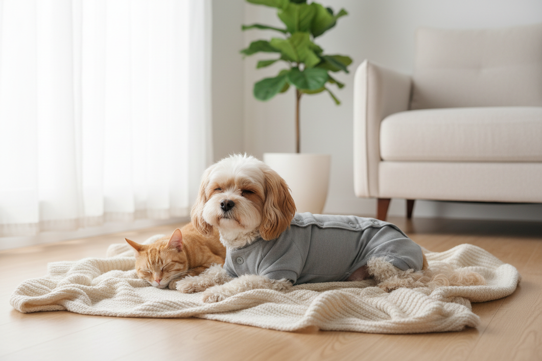 Small dog wearing a recovery suit in a calm home setting