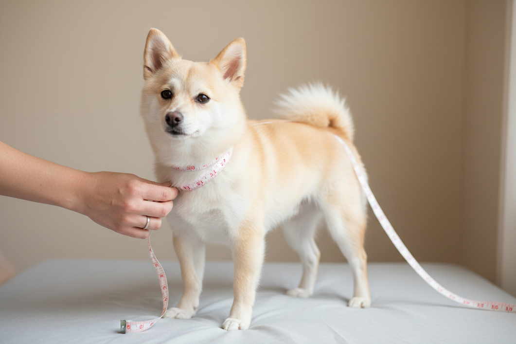 A small dog standing while a tape measure checks chest, neck, and back length for clothing fit