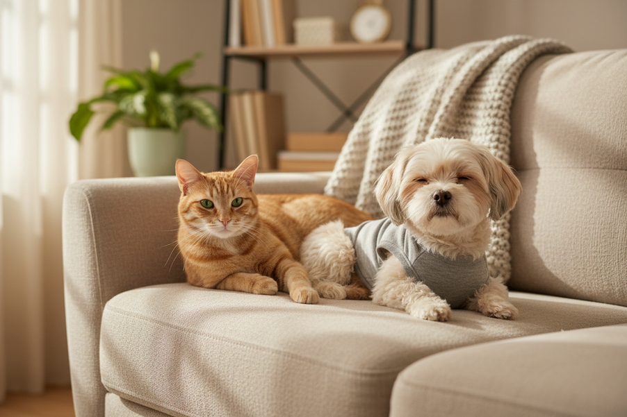 A small anxious dog wearing a snug calming shirt while resting beside a calm cat on a sofa during a quiet indoor moment