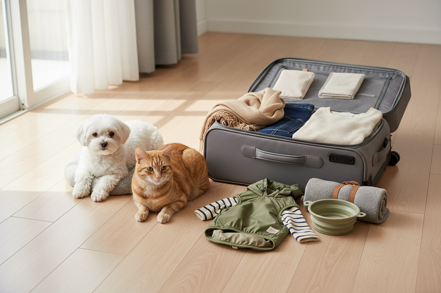 Small dog and cat in a travel outfit on a suitcase for a packing flatlay