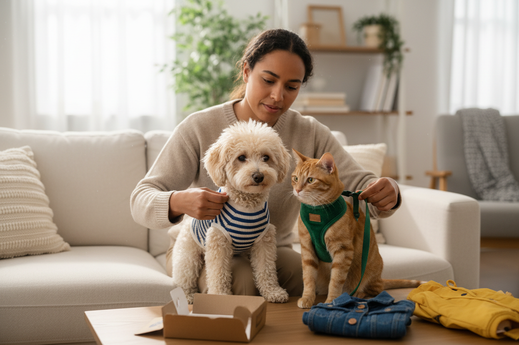 Two pets, a small dog and a cat, being gently fitted with pet clothes on a sofa in a bright home setting, showing a size check before buying.