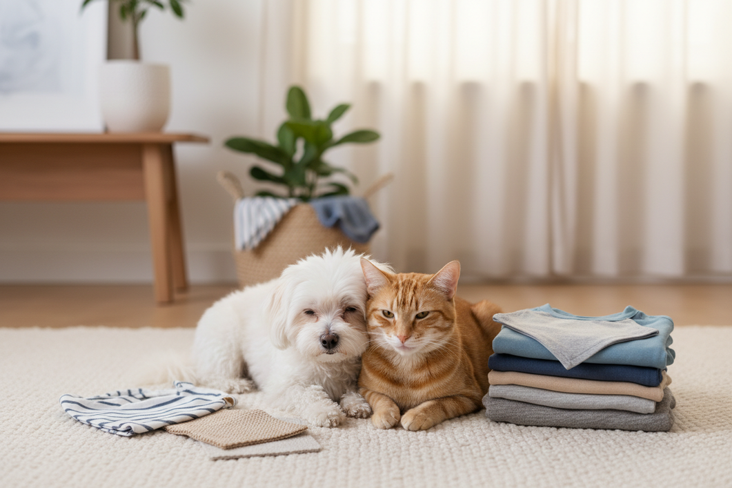 A small dog and a cat sitting together indoors beside neatly folded pet clothes, showing a durable everyday outfit in a casual home setting