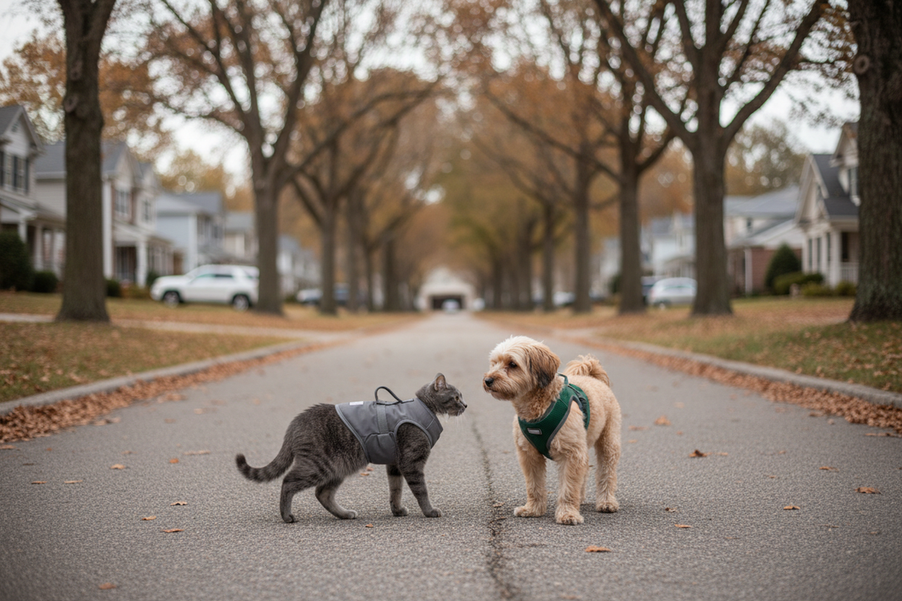 Small dog and cat wearing cozy walk-ready pet apparel with a visible leash opening, shown outdoors near a sidewalk on a cool day.