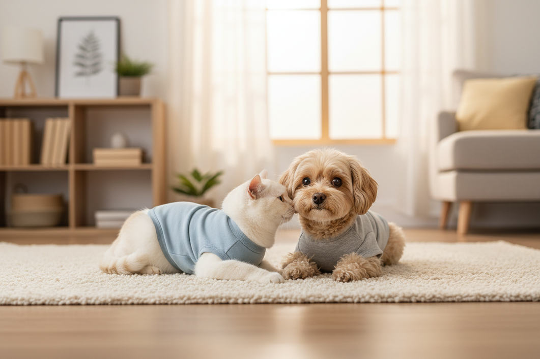 Small dog and cat wearing soft calming shirts indoors during a quiet, calm moment