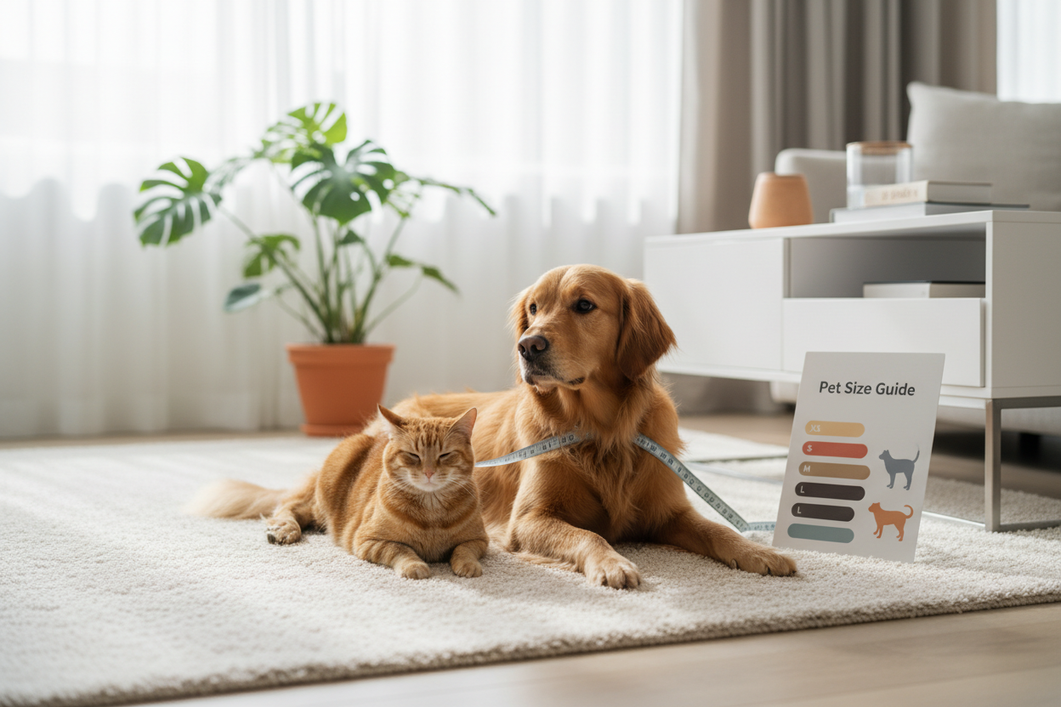 A dog and cat together beside a pet clothing size chart and a soft measuring tape, with the dog being measured for chest girth before buying clothes online.
