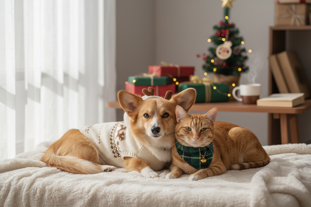 A small dog and a cat in a cozy holiday pet outfit, shown as a thoughtful gift idea for pet owners