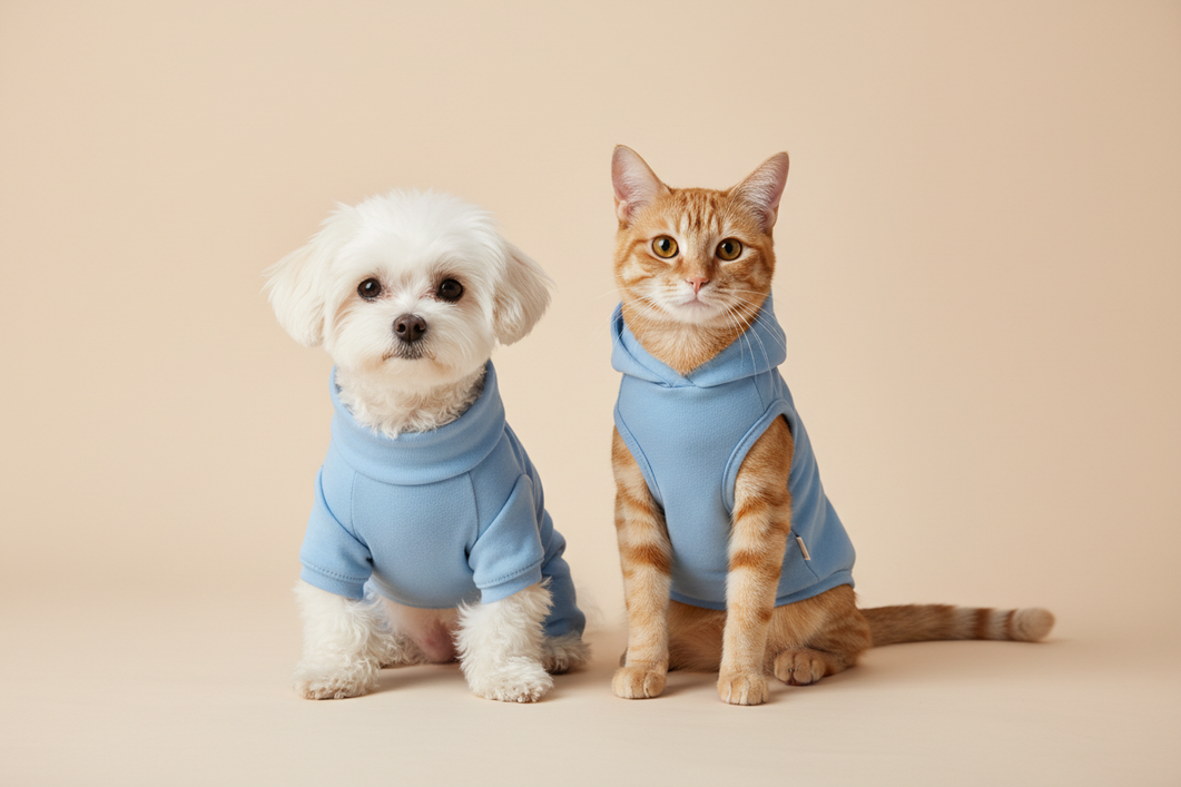 Small toy dog in a lightweight sweater and a cat in a coordinating outfit, shown together on a clean studio background to compare fit on different pet body shapes