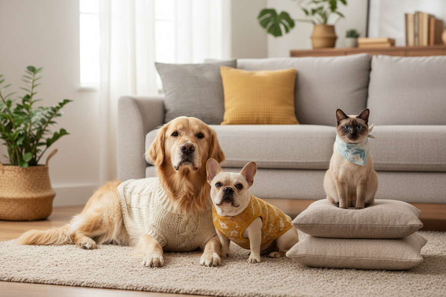 Two dogs and a cat wearing coordinated pet outfits in a bright home setting, showing mixed-size fit and color coordination