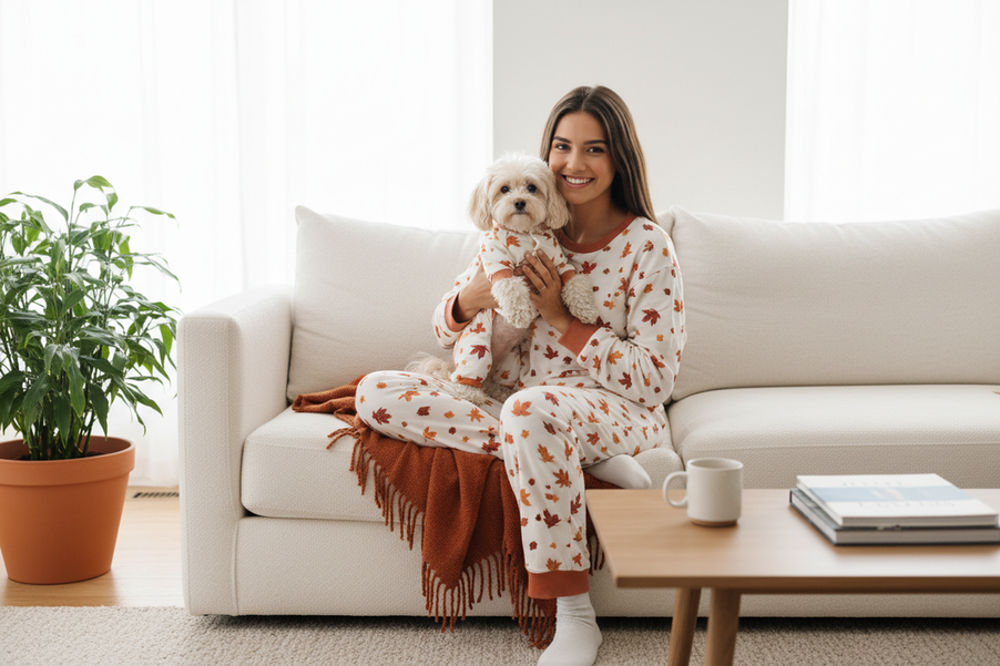 Owner and small dog in matching pajamas standing together at home for a cozy lifestyle photo